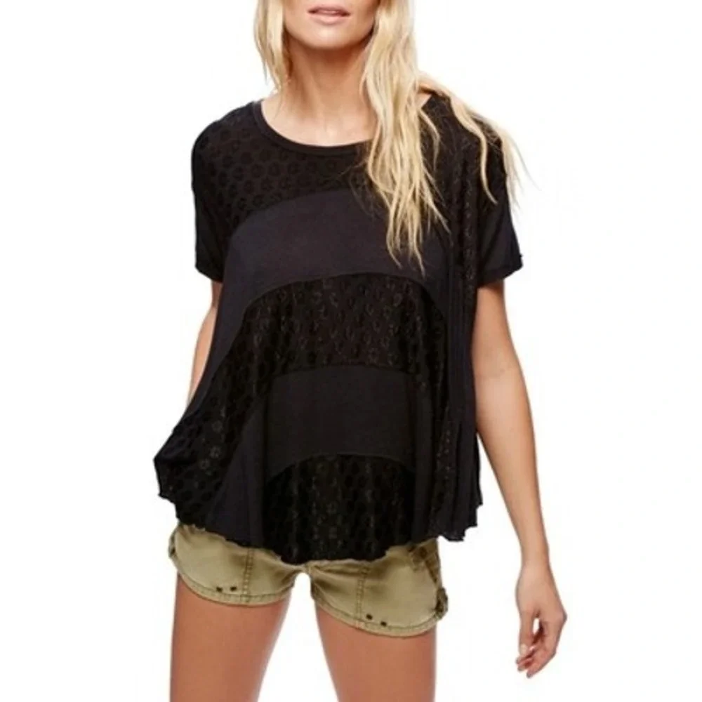 Free People Womens Black Embroidered Sheer Lace Inset Short Sleeve Top Medium